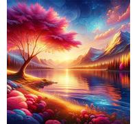 Umfarvt Diamond Painting Kits,5D Árbol del Lago Sun diamond paintings Manualidades para Adultos,DIY Round Cristal Rhinestones Bordado Punto de Cruz Diamante Painting Kits para Decor de Pared 40x40cm