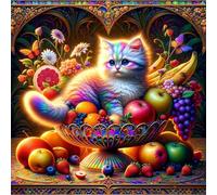 Umfarvt Diamond Painting Kits,5D Gato Cuenco Frutas diamond paintings Manualidades para Adultos,DIY Square Cristal Rhinestones Bordado Punto de Cruz Diamante Painting Kits para Decor de Pared 90x90cm