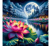 Umfarvt Diamond Painting Kits,5D Río Lotus diamond paintings Manualidades para Adultos,DIY Round Cristal Rhinestones Bordado Punto de Cruz Diamante Painting Kits para Decor de Pared 60x60cm
