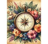 Umfarvt Retro Compass Flower Diamond Painting Kits for Adults Beginners 20x30cm 5D Round Gem Crafts,diamond art painting Kit DIY Crystal Cross Stitch Gifts Home Wall Decoration