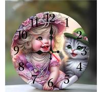 Umfarvt Wall Clock 14Inch, Arabic Numeral Round Wall Hanging Clock with Ultra-Quiet Movement Quartz, Battery Operated Silent Wall Clocks for Bedroom Office Living Room Classroom(Cute Girl Cat)