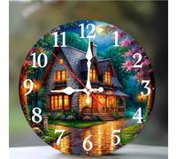 Umfarvt Wall Clock 8Inch, Arabic Numeral Round Wall Hanging Clock with Ultra-Quiet Movement Quartz, Battery Operated Silent Wall Clocks for Bedroom Office Living Room Classroom(Night House Scenery)