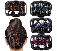Umibow 4 peines mágicos elásticos para el cabello para mujer, doble peineta, pinzas elásticas de madera con cuentas de madera, para hacer moños, peines laterales mágicos para cabello rizado grueso y