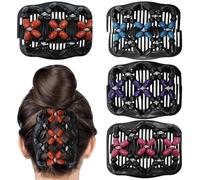 Umibow 4 peines mágicos elásticos para el cabello para mujer, doble peineta, pinzas elásticas de madera con cuentas de madera, para hacer moños, peines laterales mágicos para cabello rizado grueso y