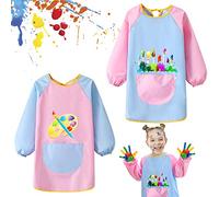 UMILKI Delantal para Niños de Colores, 2pcs Delantal Infantil Pintura Impermeable, Delantal Infantil de Manga Larga con Bolsillos, para Pintar/Cocinar/Trabajar en el Arte(6-12 Niños)