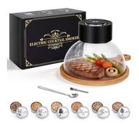 Umimile Kit de ahumador eléctrico de cóctel, ahumador de whisky recargable USB-C sin antorcha para cócteles y alimentos, control de humo ajustable, cubierta de vidrio, bandeja de madera, 6 chips de