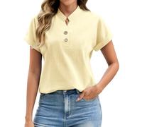 UMIPUBO Blusas Mujer Verano Manga Corta Cuello en V Camisas con Botón Elegante Camisetas Suelta Blusones Casual Básica Camisa Moda T Shirts Tunic Tops (Amarillo, XXL)