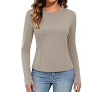UMIPUBO Camiseta Termica Mujer Manga Larga Interior Deporte Camiseta de Forro Polar Térmica Basica Slim Fit Base Layer Crop Top Cuello Redondo Elegante T Shirt Ropa Termicas Running Gym (Taupe, XXL)