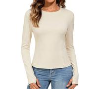UMIPUBO Camiseta Termica Mujer Manga Larga Interior Deporte Camiseta de Forro Polar Térmica Basica Slim Fit Base Layer Crop Top Cuello Redondo Elegante T Shirt Ropa Termicas Running Gym (Beige, XXL)