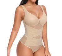 UMIPUBO Faja Reductoras Mujer Body Reductor Adelgazante Moldeador Shapewear Control de Abdomen Cruz de Malla Reductora con Almohadillas Extraíbles Tanga Escote en V Corsé Invisible Fajas (Piel, XXL)