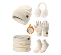 UMIPUBO Gorro Bufanda y Guantes Set 5PCS Mujer Invierno Gorro Conjunto Sombreros Bufandas Cálida Caliente Pantalla táctil Guantes Orejeras de Felpa Calcetines Térmicos 5 Piezas Set (Beige, One Size)