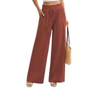 UMIPUBO Pantalones Mujer de Lino Verano Algodón Cintura Alta Elástico Pantalón Casual Deporte Pants Largos Ligeros Flojo Playa Cómodo Pantalon de Anchos con Bolsillos (Rojo ladrillo, XL)