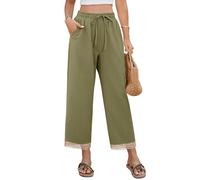 UMIPUBO Pantalones Mujer Verano Algodón 7/8 Pantalón Cintura Elástico Pantalón Casual Deporte Ligeros Pants Playa Cómodo Pantalon con Bolsillos y Cordón Trabajo Yoga (Verde, XXL)