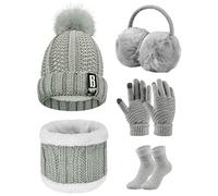 UMIPUBO Set de Bufanda y Gorro - Conjunto de Excursión y Esquí de Invierno para Mujeres - 5 piezas Guantes de Punto, Orejeros Medios (Gris, Talla única)