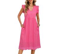 UMIPUBO Vestidos Verano Mujer Algodón Sin Mangas Volantes Cuello V Midi Vestido con Bolsillos Rectos Sueltos Elegante Bohemio Vestidos de Playa Casual (Rosa, L)