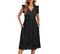 UMIPUBO Vestidos Verano Mujer Algodón Sin Mangas Volantes Cuello V Midi Vestido con Bolsillos Rectos Sueltos Elegante Bohemio Vestidos de Playa Casual (Negro, S)