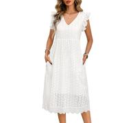 UMIPUBO Vestidos Verano Mujer Algodón Sin Mangas Volantes Cuello V Midi Vestido con Bolsillos Rectos Sueltos Elegante Bohemio Vestidos de Playa Casual (Blanco, S)