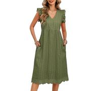 UMIPUBO Vestidos Verano Mujer Algodón Sin Mangas Volantes Cuello V Midi Vestido con Bolsillos Rectos Sueltos Elegante Bohemio Vestidos de Playa Casual (Verde, S)