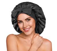 Umisleep 100% 22 Momme Gorro de Seda de Morera para Dormir, Gorro de Noche de Seda Suave de Doble Capa para Cabello Rizado, Transpirable, Correa Ancha Ajustable para Sujetar a la Cabeza, Negro