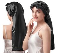 Umisleep 22 Momme 100% Seda de Morera, Gorro de Dormir de Doble Cara, Suave Gorro de Noche para Cabello voluminoso, Transpirable, Banda Ancha Ajustable, Negro