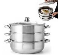 Umllpet Cacerola de 28 cm de acero inoxidable para cocinar al vapor, sartén de 3 niveles con tapa, olla para cocinar verduras, mariscos, sopas, guisos y pasta