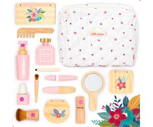 UMU Elegante juego de belleza de madera para niñas - Juego de maquillaje de 17 piezas con maquillaje, pincel, espejo y estuche de cosméticos, el mejor regalo para niñas de 3, 4, 5 años en adelante