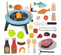 UMU® Juego de barbacoa de madera para niños - Juego de barbacoa de 45 piezas con barbacoa, carne, verduras, pescado, malvavisco y accesorios, juego de rol, juguete de cocina a partir de 3 años