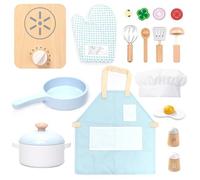 UMU® Juego de cocina de madera para niños con vajilla (ollas y sartenes), delantal, comida y más, accesorios de cocina para juegos de rol, juguete de cocina de 18 piezas para niños de 2, 3, 4, 5 años