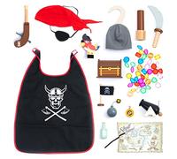 UMU® Juego de Pirata de Madera para niños con Disfraz de Pirata Que Incluye Capa de Pirata, Parche en el Ojo, Loro etc., Juego de imitación de Piratas, Juguete de 22 pzas. para niños de 3, 4, 5 años