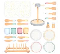 UMU® Juego de vajilla de madera para niños, vajilla de juego de simulación de 28 piezas con platos, tazas, cubiertos y soporte, accesorio de cocina de madera para cocinas de juego, juguete de juego de
