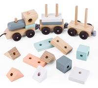 UMU® Tren de madera 2 en 1 para niños pequeños - Juego de 2 vagones con surtido y juguete apilable (18 piezas, completamente desmontable), 37 cm de largo, juguete Montessori para niños a partir de 1