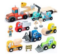 umu® Vehículo de construcción Transporter Juego de juego para niños de madera con tractor, remolque, carretilla elevadora y mucho más., 14 unidades para 3, 5 años de edad, juguete para niños y niñas