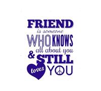 Un amigo es la misma persona que sabe todo sobre ti y todavía te ama. Calcomanías de vinilo para murales y paredes 64x82.4cm Se puede modificar y añadir información Azul oscuro