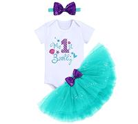 Un Año Trajes de Cumpleaños de Sirena para Recién Nacidas Niñas Mono/Camiseta de Manga Corta de Hombro + Falda de Tutú de Lunares Y Diadema 3 Piezas Cake Smash Photo Shoot Verde01 1 Año