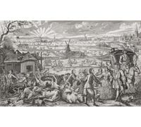 Un brote de peste bovina en Holanda en 1745: agricultores y terratenientes en discusión frente a una pila de ganado muerto. La peste bovina es una enfermedad viral infecciosa que se propagó entre