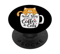 Un Buen día Comienza con café y Gatos - Amante del café de la mañana PopSockets PopGrip Adhesivo
