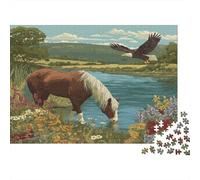 Un Caballo Bebe Agua en el río, con un águila Volando Cerca 1000 Piezas Rompecabezas para Adultos para Amantes O Amigos Imposable 1000pcs (75x50cm)