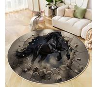 Un Caballo Oscuro Que Se Abre Paso A Través De La Pared Alfombra Redonda - Alfombra Realismo De Ilusión 3D Antideslizante Pelo Corto Lavable - Alfombras Redonda Para Sala Dormitorio Comedor 180cm