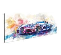 Un colorido coche deportivo, representado artísticamente en acuarela, se funde con un telón de fondo imaginativo. Panorama de 80 x 40 cm como lienzo de pared, diseño enmarcado en marco de madera