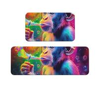 Un colorido primate con un mono que lleva una taza de café, juego de 2 tapetes de cocina antideslizantes de madera antifatiga tapetes largos para oficina en casa