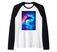 Un delfín Brillante Salta a través de Ondas eléctricas de Color Azul neón Camiseta Manga Raglan