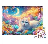 Un Gatito Blanco descansa Entre Cristales y Flores Brillantes bajo una Luna Puzzle De 1000 Piezas Gato Lindo Juego Educativo Clásico para El Tiempo De Puzzles En Familia 38x26cm/1000pcs