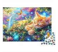 Un Gatito de Jengibre Duerme en una Rama de árbol en un Paisaje Floral Brillante Puzzle De 1000 Piezas Gato Lindo Educativo Y Desafiante, Regalo para Todos 52x38cm/1000pcs