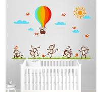 Un globo de los pájaros de sol de los monos de salto. Fotomural art deco. Decoración de guardería. Calcomanía de la habitación del bebé. Pegatina de pared de niños y niñas
