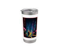 Un hombre camina por la ciudad ciberpunk texto japonés Arte futurista Vaso térmico de acero inoxidable de doble pared