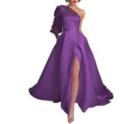 Un hombro apliques de encaje vestidos de fiesta de manga larga vestidos de novia de satén una línea de princesa vestido de baile WSX468, Morado (, 40