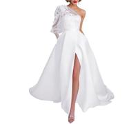 Un hombro apliques de encaje vestidos de fiesta de manga larga vestidos de novia de satén una línea de princesa vestido de baile WSX468, blanco, 56