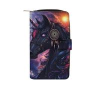 Un-icorn Black Horse Fantasy - Cartera larga de piel sintética para mujer, organizador de mano para oficina y viajes