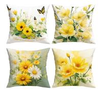 Un juego de fundas de almohada amarillas con diseño floral, con mariposas, follaje verde y textos en inglés. El y , un con un acuarela. Ideal para