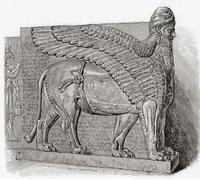 Un Lama Lamma o Lamassu una dieta sumeria o asiria que tenía una cabeza humana el cuerpo de un toro o un león y alas de pájaro. De la historia universal de Cassell publicado en 1888. Impresión de